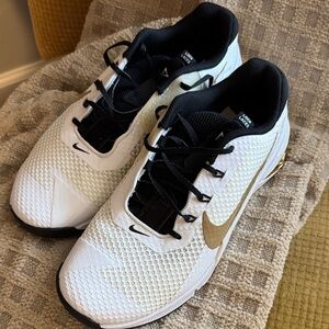 Nike Women’s Metcon Athletic Shoes in White and Gold